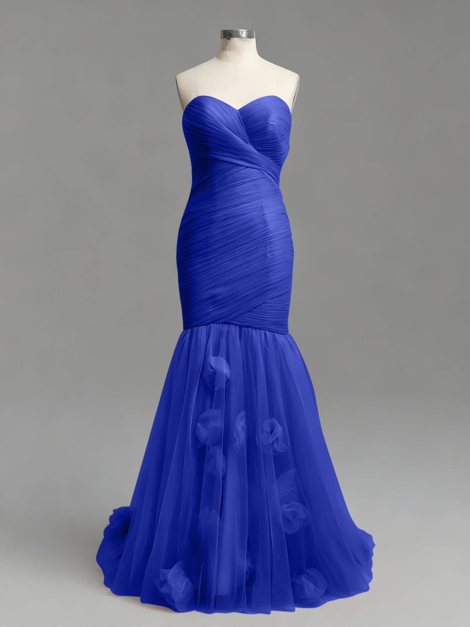 Dusty Rose Mermaid Strapless Ruched Tulle Prom Dress with 3D Floral