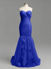 Dusty Rose Mermaid Strapless Ruched Tulle Prom Dress with 3D Floral