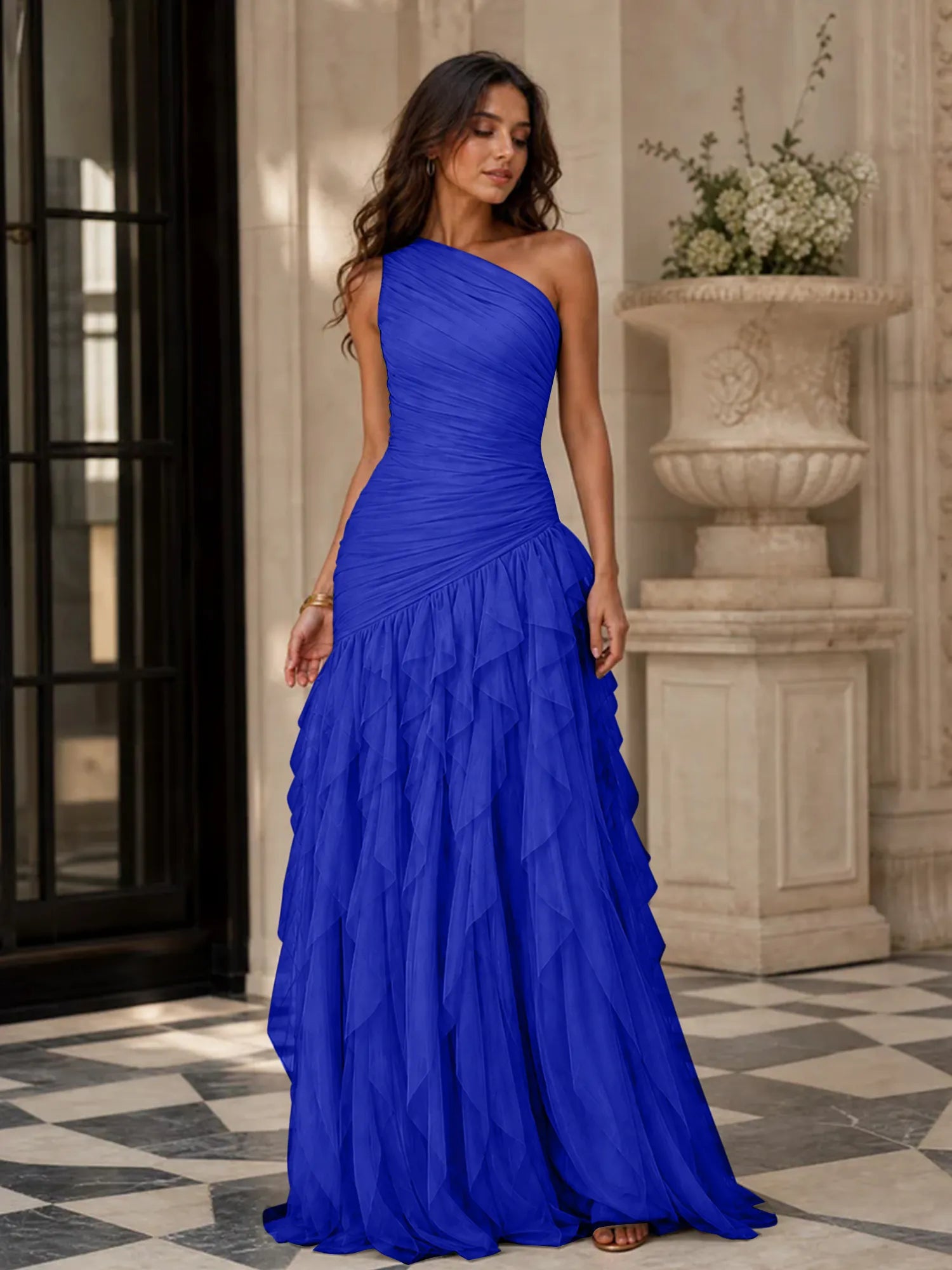 Emerald Green One-Shoulder Ruched Asymmetric Ruffle Chiffon Floor-Length Gown Dress