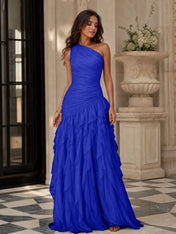 Emerald Green One-Shoulder Ruched Asymmetric Ruffle Chiffon Floor-Length Gown Dress