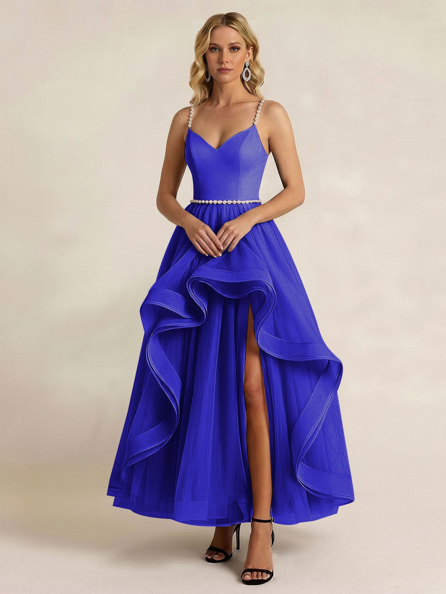 Black Tulle Ruffled A Line Long Formal Dress with Slit