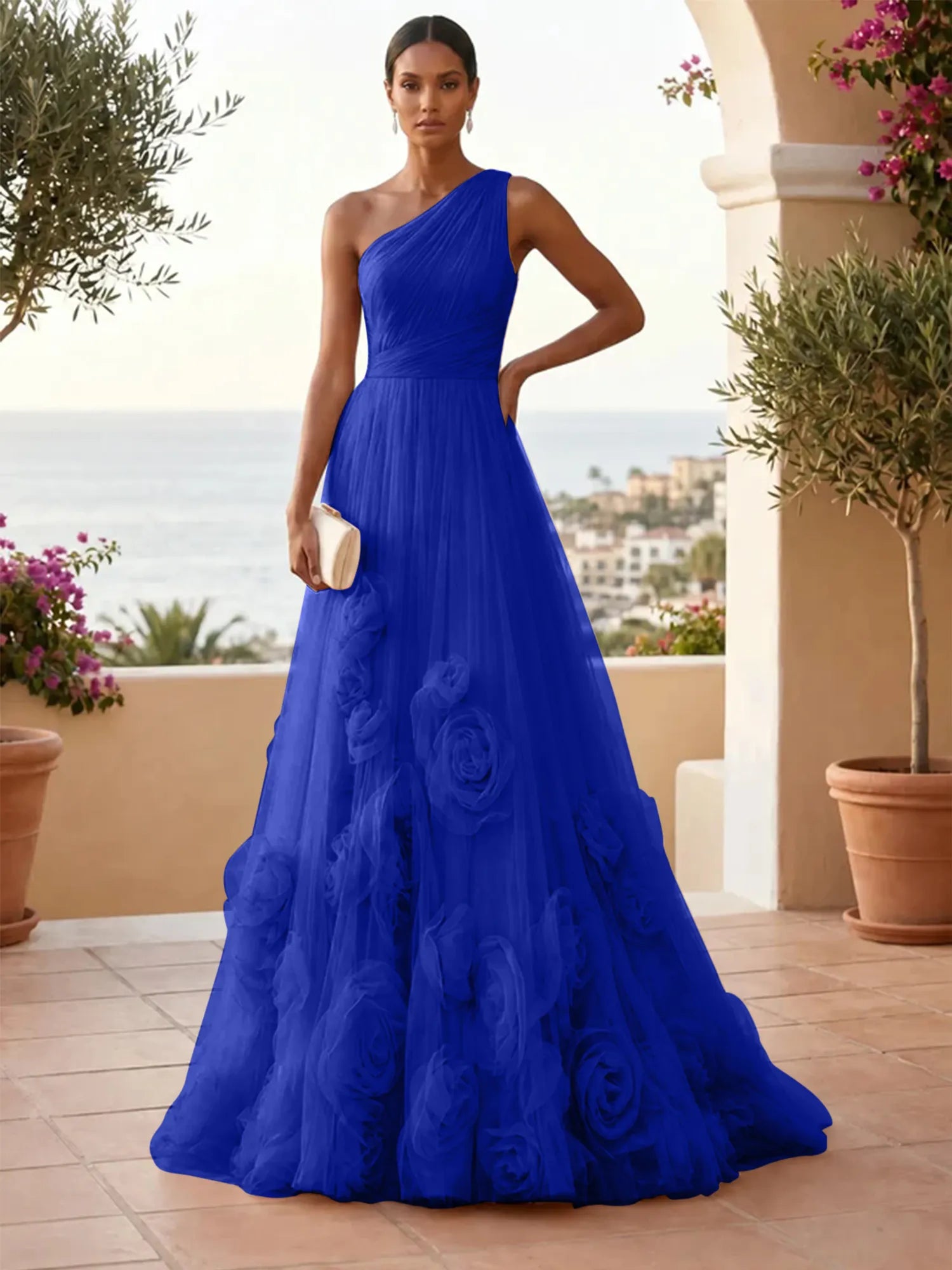 One-Shoulder Sweetheart Tulle Ball Gown with 3D Floral Accents Evening Dresses