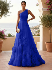 One-Shoulder Sweetheart Tulle Ball Gown with 3D Floral Accents Evening Dresses