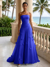 Light Blue Evening Dress with 3D Flower Strapless Pleat Maxi Dress