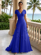 Light Blue Short-Sleeve Tulle Gown Evening Dress with 3D Flower V Neck Pleat Maxi Dress