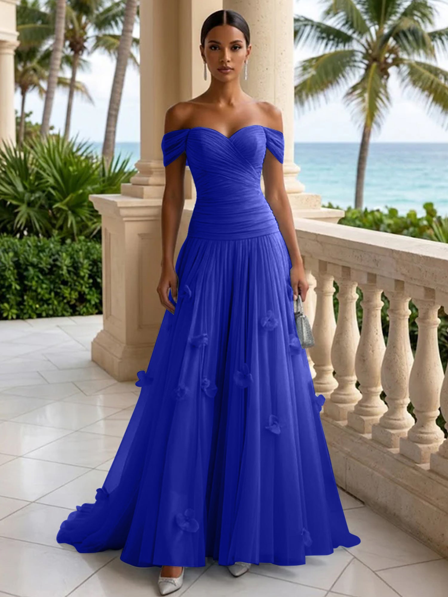 Light Blue Evening Dress with 3D Flower Off The Shoulder Pleat Maxi Dress