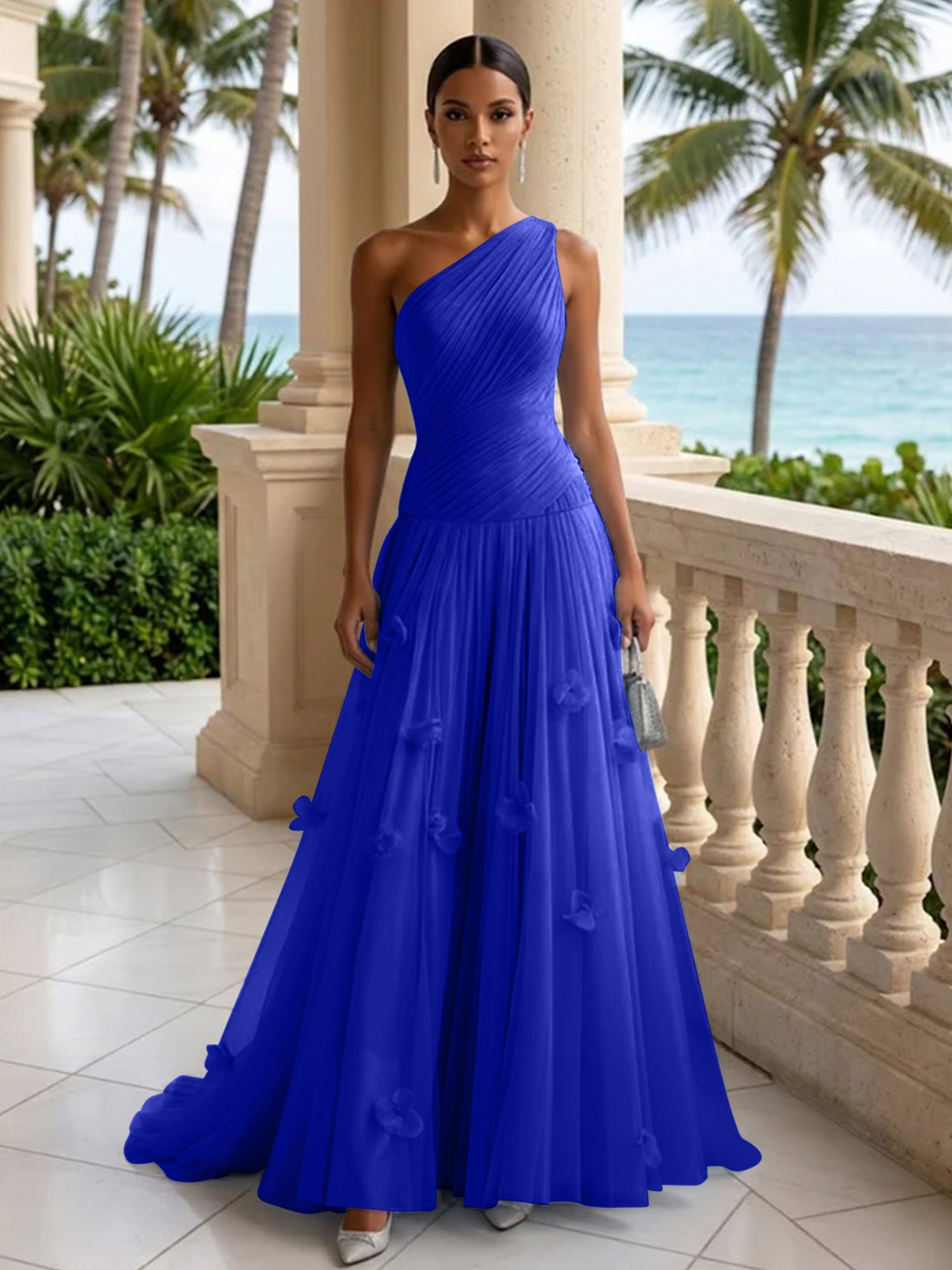 Light Blue Evening Dress with 3D Flower One Shoulder Pleat Maxi Dress