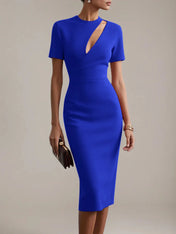 Red Sheath/Column Stretch Crepe Scoop Neck Short Sleeves Tea Length Dresses