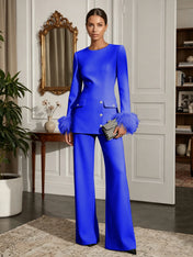 Women's White Two-Piece Set: Buckle Detail Feather-Trimmed Top & Straight-Leg Pants