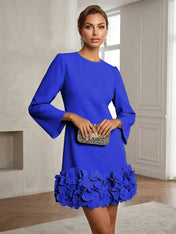Powder Blue 3D Floral Classic Crew Neck Bell Long Sleeve Shift Mini Dress