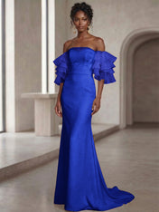 White Mermaid Off the Shoulder Ruffled Long Wedding Reception Dress