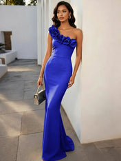 Navy Blue 3D Floral Classic One Shoulder Sleeveless Mermaid Gown Dress