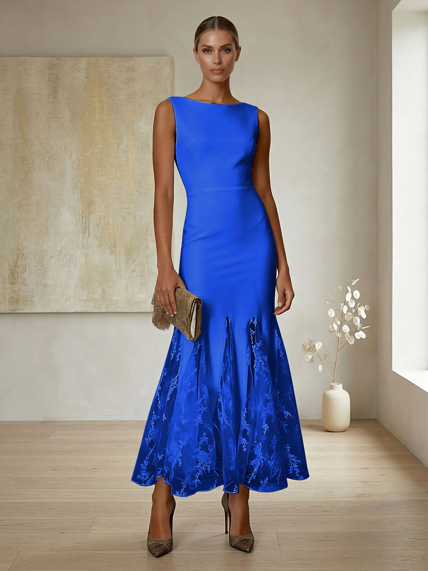 Elegant Formal Evening Gown Lilac Sleeveless Midi Dress with Embroidered Lace Godets