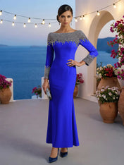 Formal Evening Dress Blue Velvet Long Sleeves Maxi Dress with Crystal