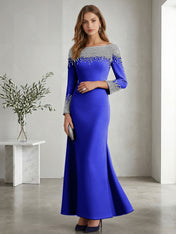 Formal Evening Dress Midnight Navy Velvet Long Sleeves Maxi Dress with Crystal