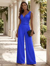 Women Pink Lace Deep V Neck Sleeveless Dressy Jumpsuit
