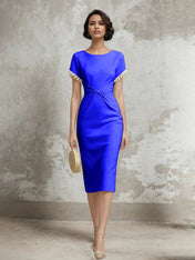 White Stretch Crepe Sheath/Column Short Sleeve Tea Length Dress With Pearls