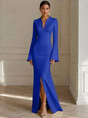 Formal Yellow V Neck Long Sleeves Floor Length Dress With Slit