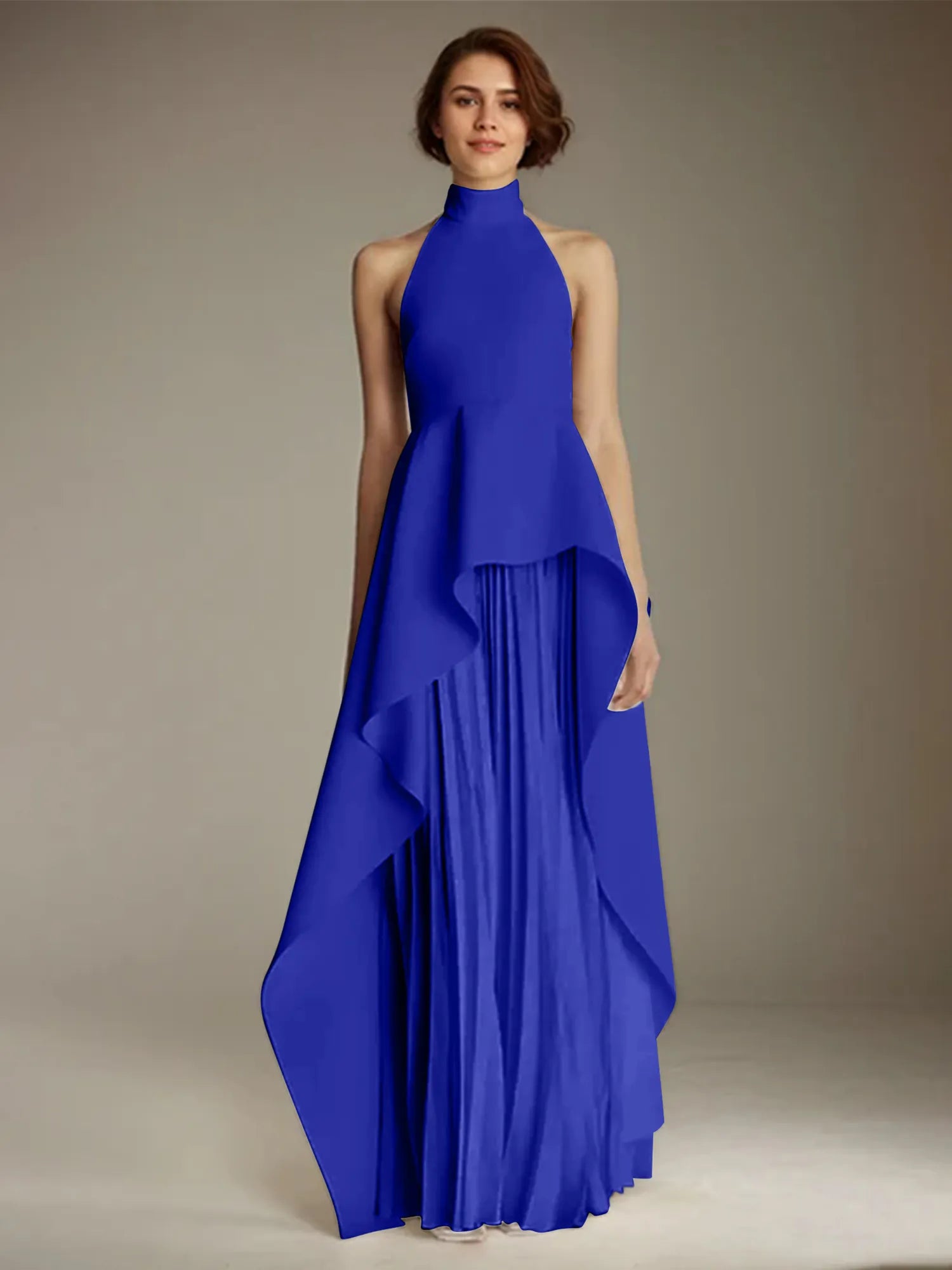 White Sleeveless High Neck Chiffon Long Formal Dress With Ruffles
