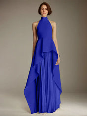 White Sleeveless High Neck Chiffon Long Formal Dress With Ruffles
