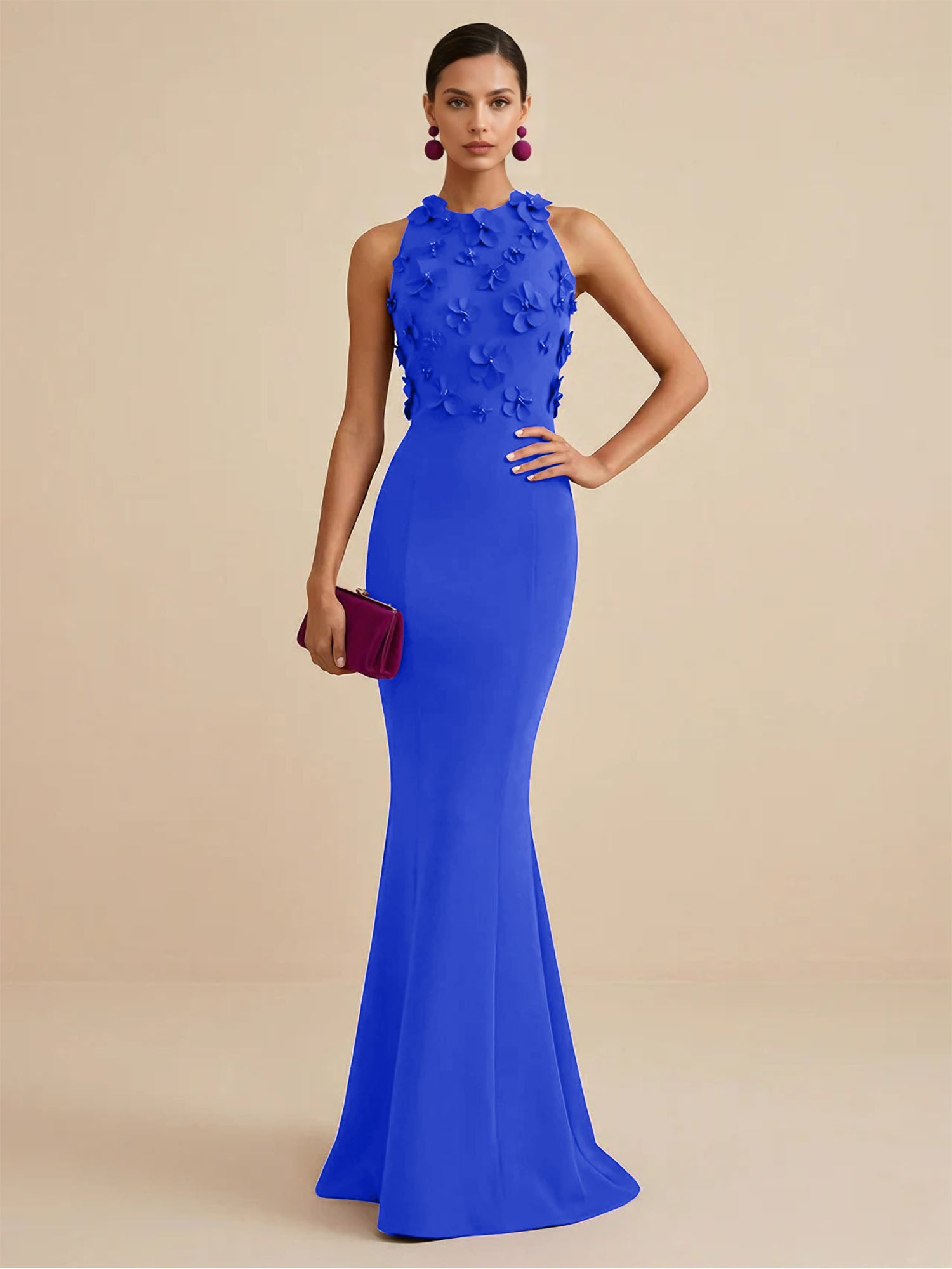 Deep Fuchsia Sleeveless High Neck 3D Floral Mermaid Formal Gown Evening Dress