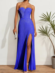 Pleated Classic Strapless Sleeveless A-Line Maxi Dress