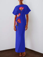 Red 3D Floral Appliqué Boat Neck Short Sleeve Backless Sheath Maxi Dress