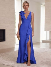 Ice Blue Bow-Accent Ruffle Slit Gown Formal Evening Dress