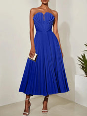 White Pleated Classic Strapless Sleeveless A-Line Midi Dress