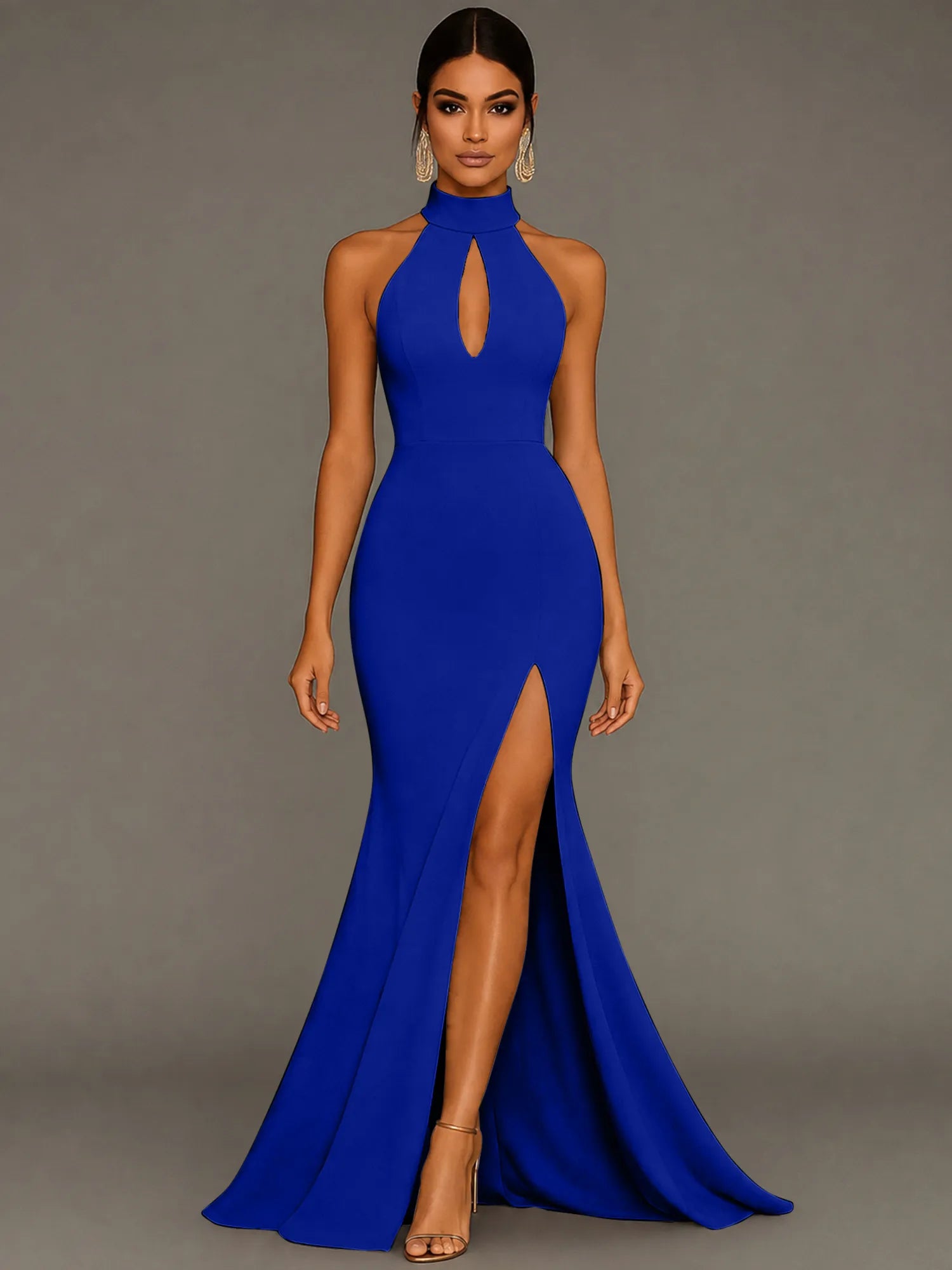 Mermaid Halter Neck Satin Formal Dress with Slit