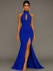 Mermaid Halter Neck Satin Formal Dress with Slit