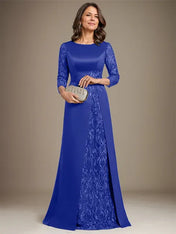 A-Line Scoop Floor-Length Lace Satin Mother Of the Bride Dress With Applique