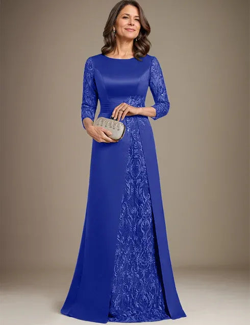 Robe de mère de la mariée en satin et dentelle, coupe trapèze, longueur au sol, avec appliques 