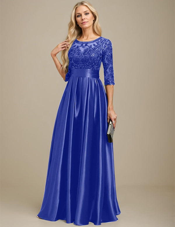 A-line Scoop Illusion Floor-Length Stretch Satin Lace Mother of the Bride Dress With Bow Sequins