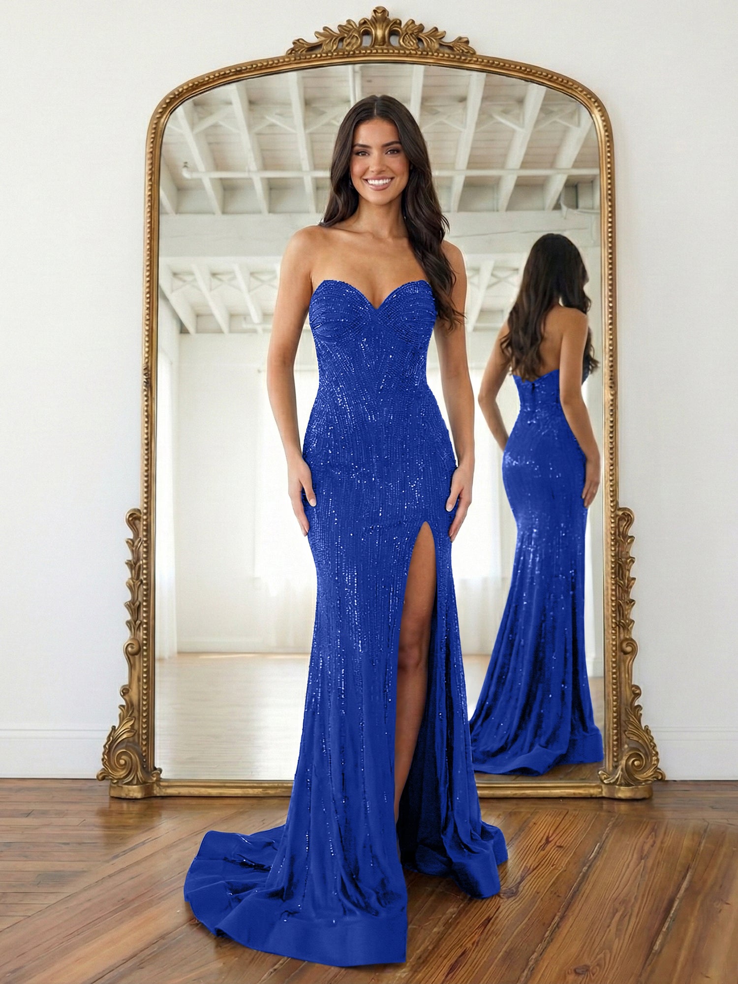 Navy Blue Strapless Sequin Prom Dress with Linear Beading