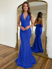 Light Blue Mermaid Halter Backless Long Prom Dress
