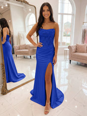 Romantic Pink Satin Corset Slit Prom Dress with Beaded Bodice