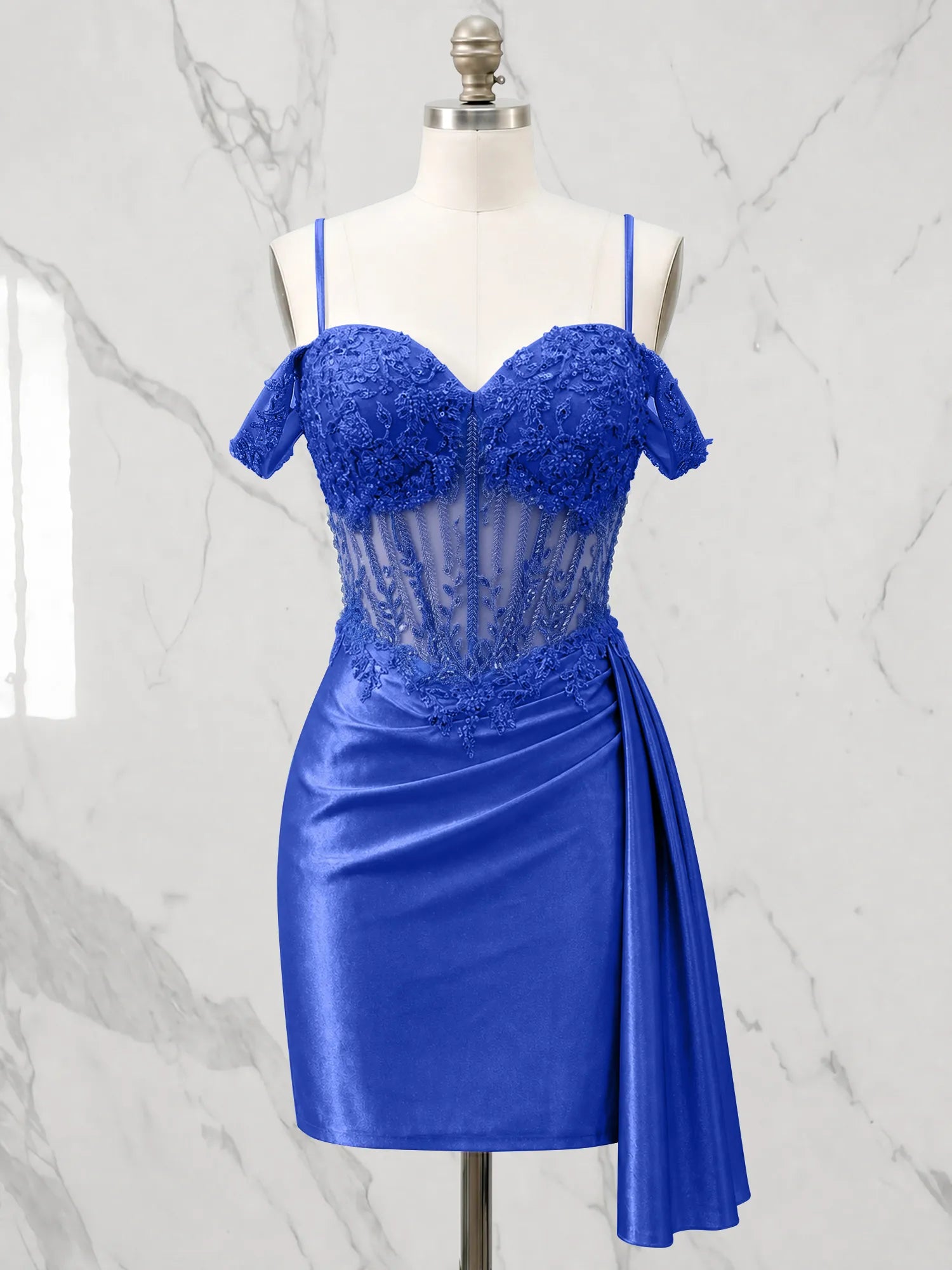 Sweetheart Sheer Corset Mini Dress with Cascading Side Drape Homecoming Dresses