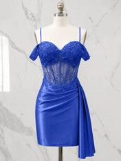 Sweetheart Sheer Corset Mini Dress with Cascading Side Drape Homecoming Dresses