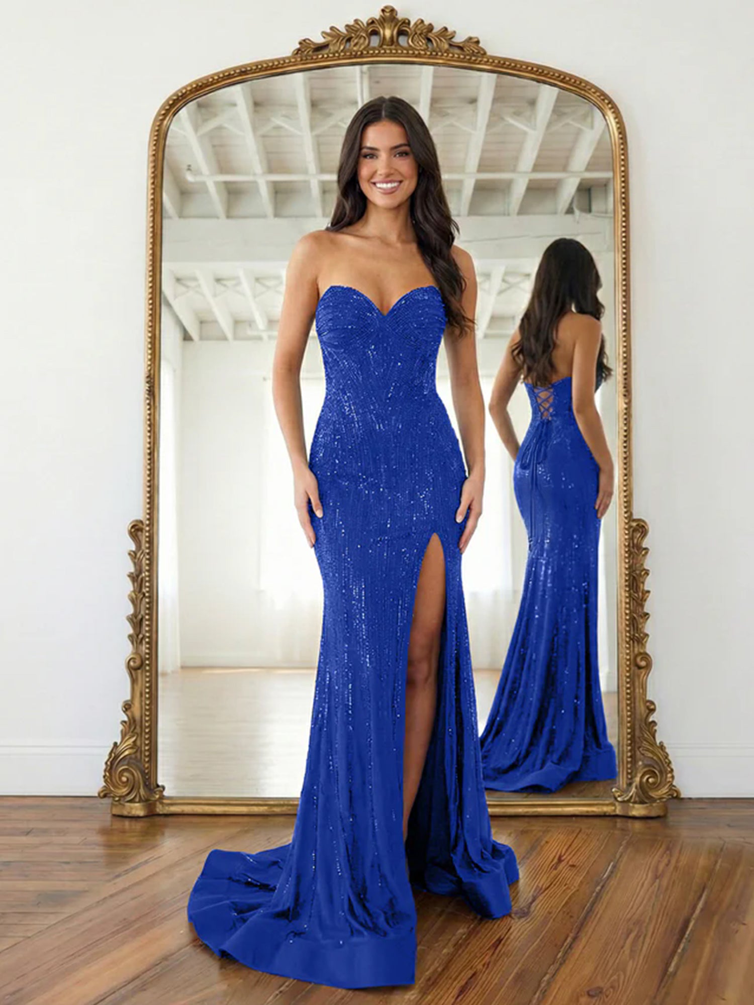 Navy Blue Strapless Sequin Prom Dress with Linear Beading