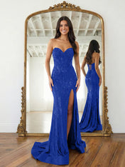 Navy Blue Strapless Sequin Prom Dress with Linear Beading