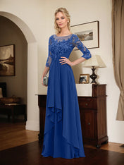 A-line Scoop Illusion Floor-Length Lace Chiffon Mother of the Bride Dress With Cascading Ruffles