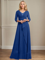 A-line V-Neck Floor-Length Chiffon Mother of the Bride Dress With Pleated Beading