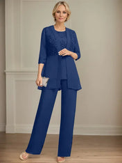 Jumpsuit/Pantsuit Separates Scoop Floor-Length Chiffon Lace Mother of the Bride Dress With Sequins