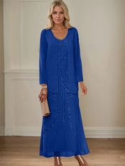 Sheath/Column V-Neck Ankle-Length Mother of the Bride Dresses with Jacket & Sequins