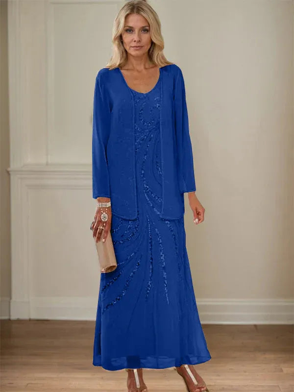 Column V-Neck Ankle-Length Mother of the Bride Dresses with Jacket & Sequins