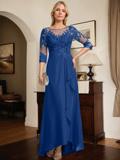 A-line Scoop Illusion Asymmetrical Lace Chiffon Mother of the Bride Dress With Sequins Cascading Ruffles