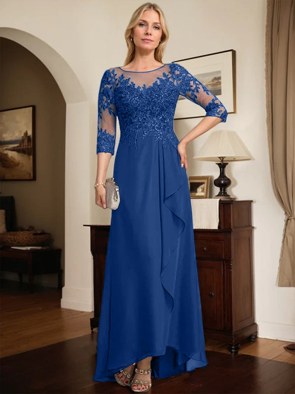 A-line Scoop Illusion Asymmetrical Lace Chiffon Mother of the Bride Dress With Sequins Cascading Ruffles
