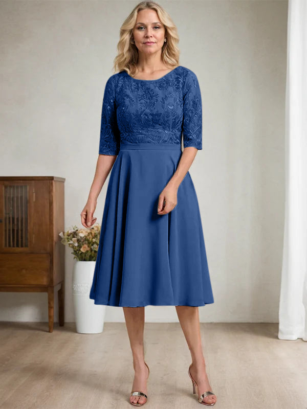 A-line Scoop Knee-Length Lace Chiffon Mother of the Bride Dress