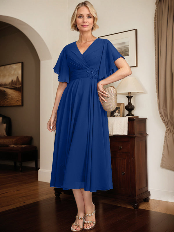 A-line V-Neck Tea-Length Chiffon Mother of the Bride Dress With Pleated Beading